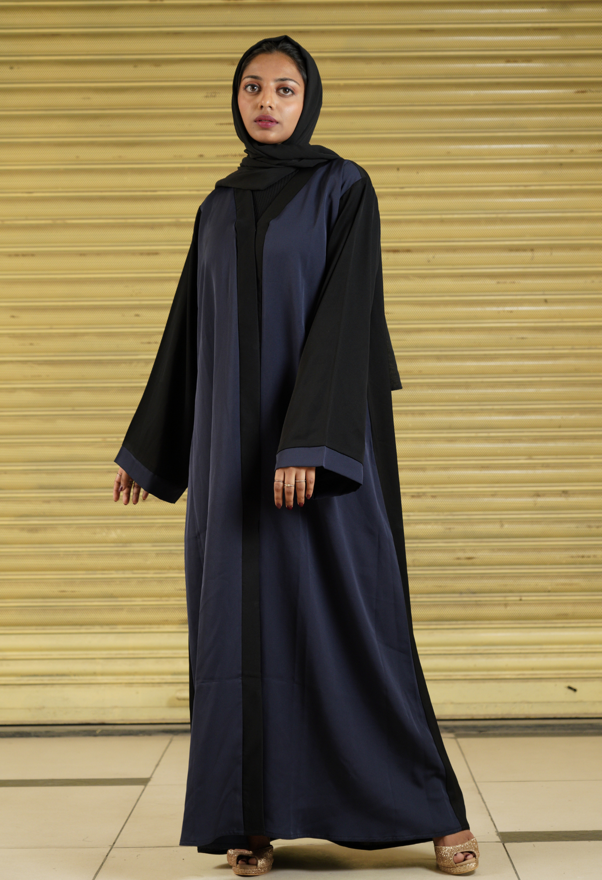 Two Tone Navy Blue And Black Front Open Abaya
