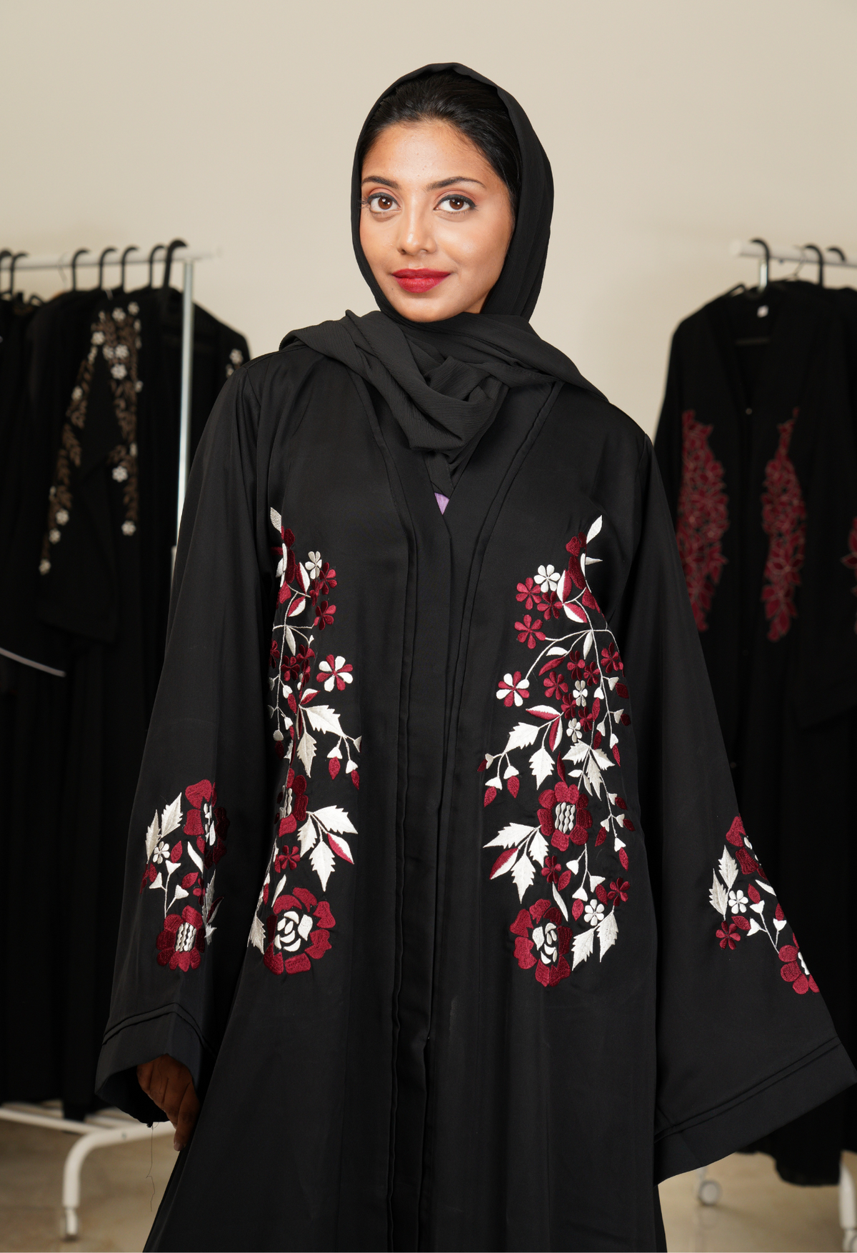 Black Front Open Abaya With Embroidery