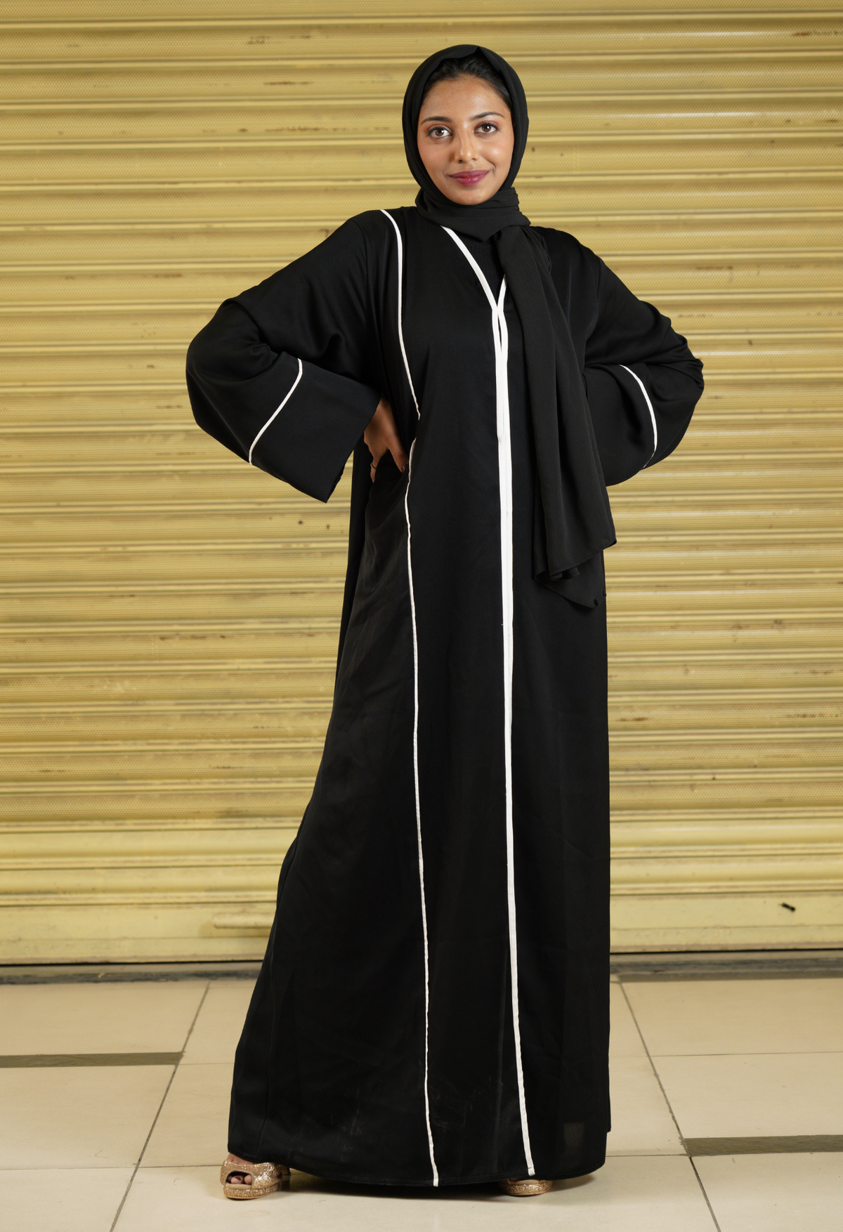 Black Front Open Abaya With White Piping