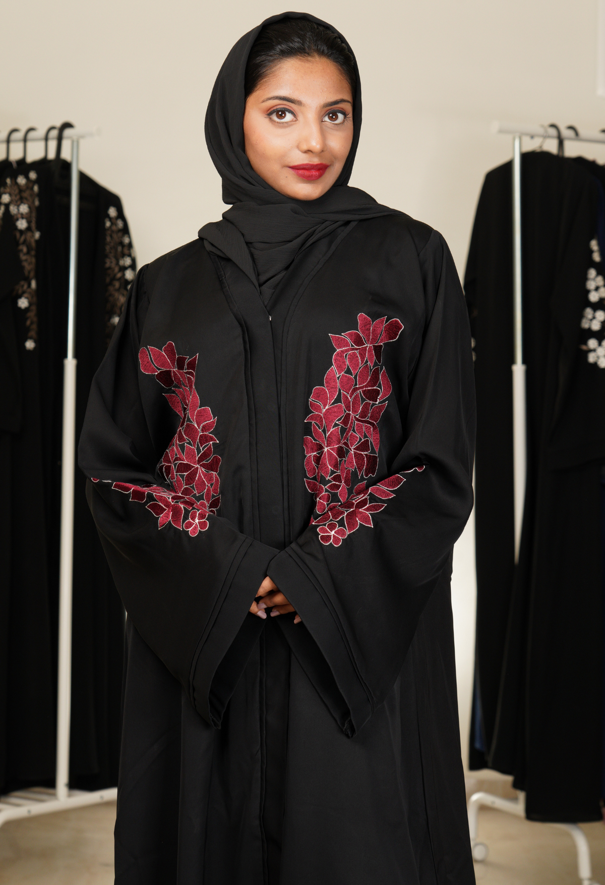 Black Front Open Abaya With Embroidery
