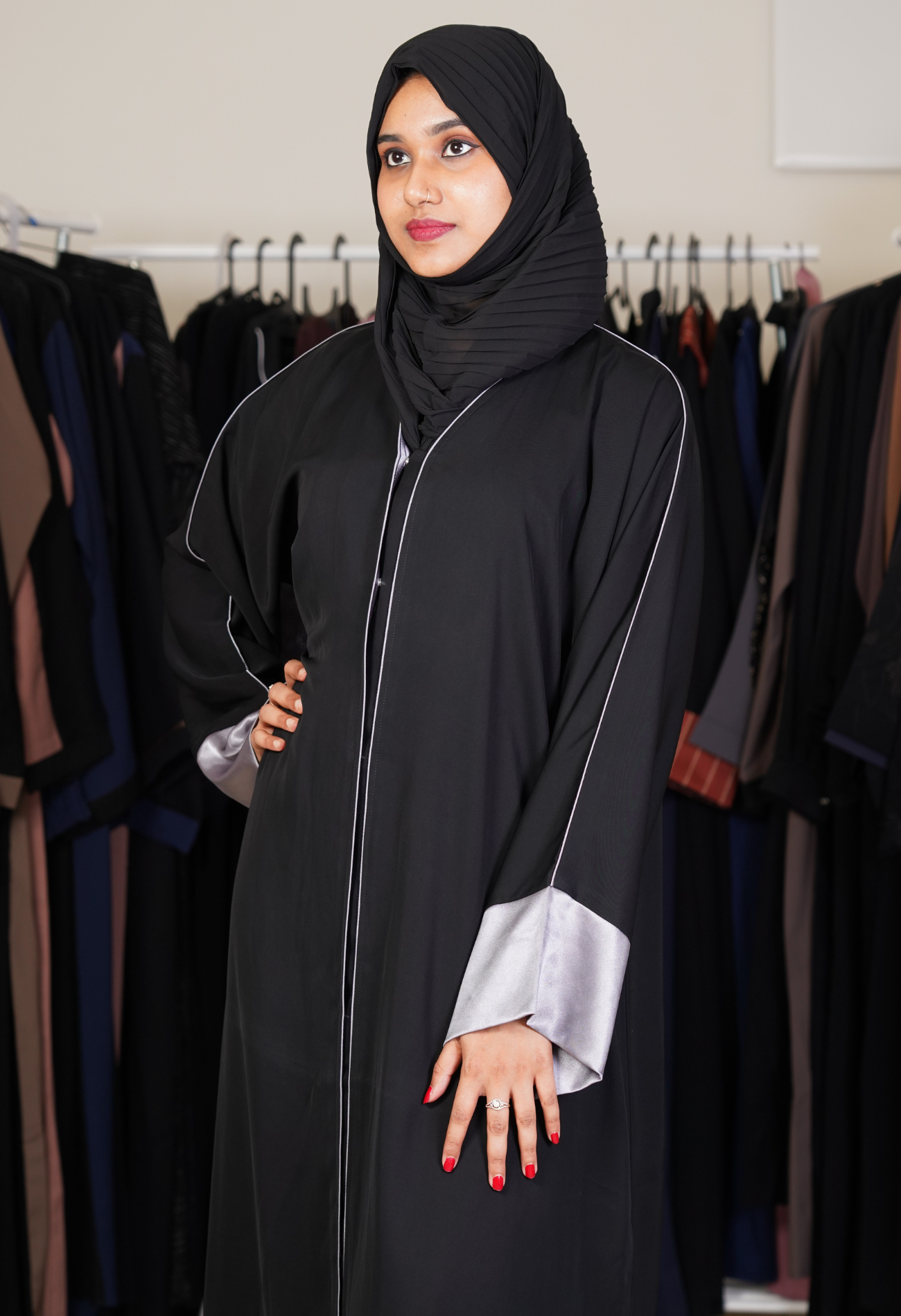 Black Front Open Abaya With Silver Patch Sleeves