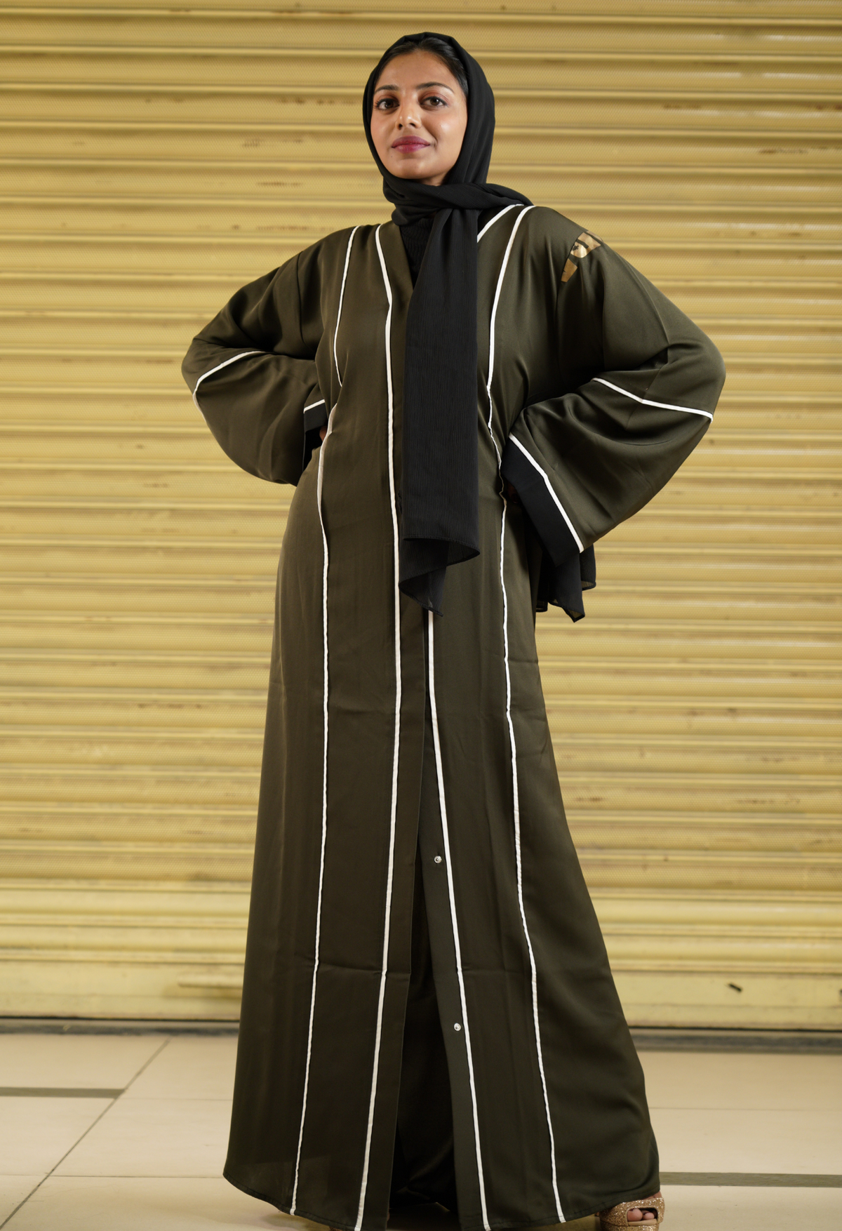 Military Green Front Open Abaya