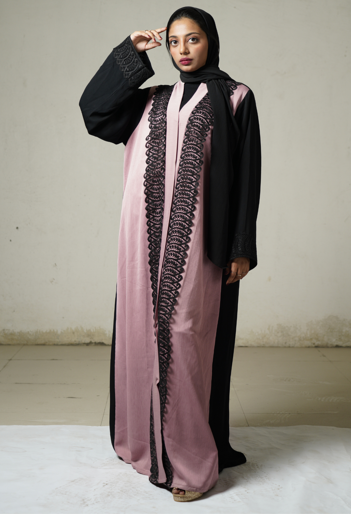 Front Open Two Tone Abaya with Lace