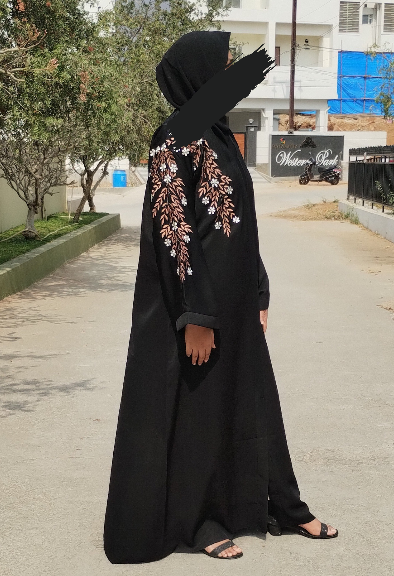 Black Front Open One Sided Embroidery Abaya