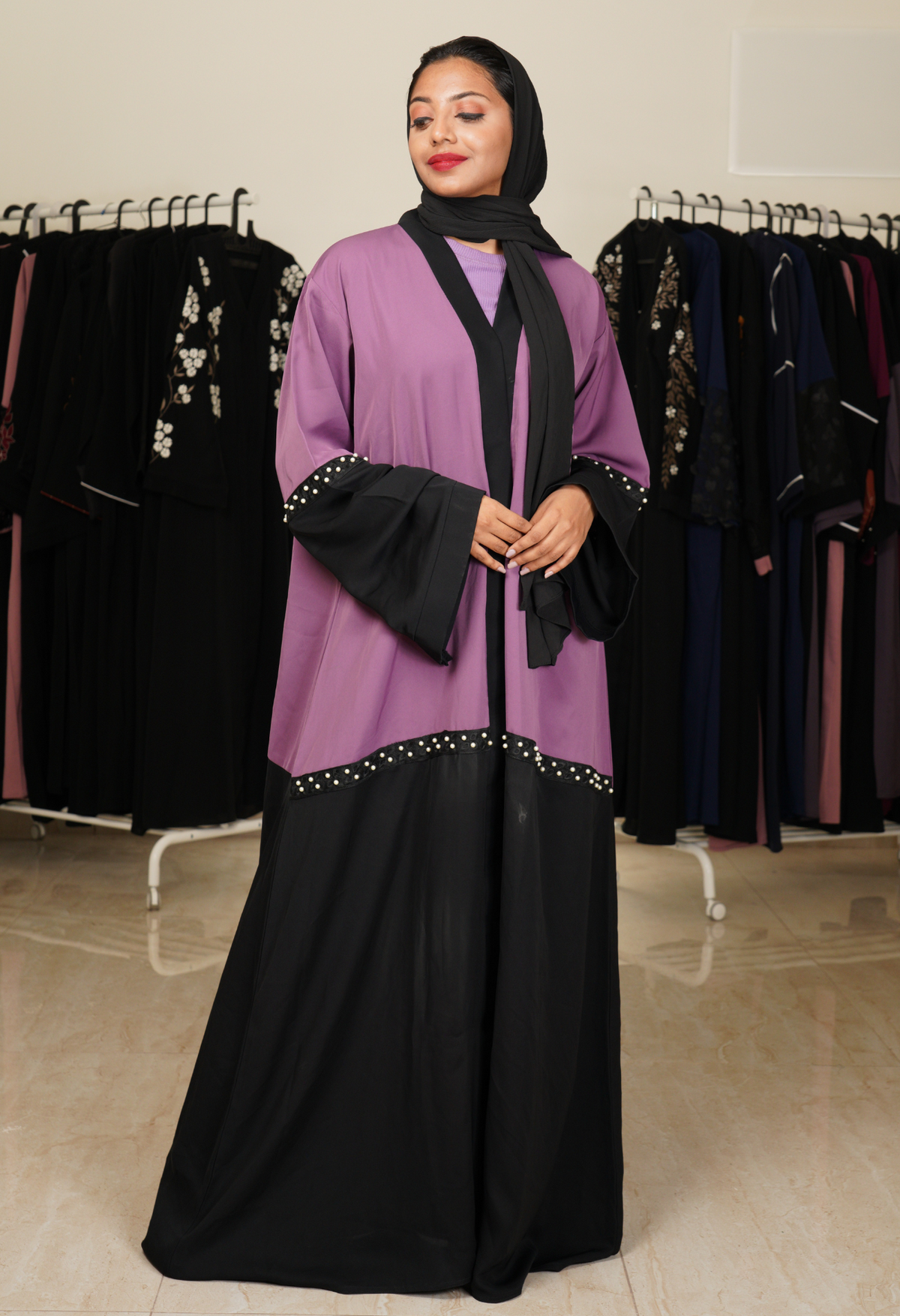 Two Tone Front Open Abaya with Pearl Lace