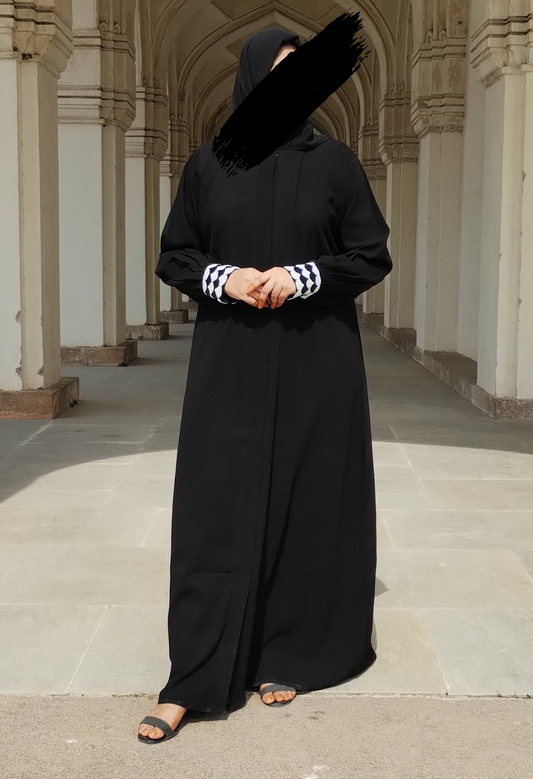 Black Front-Open Abaya with Handcrafted cuff sleeves