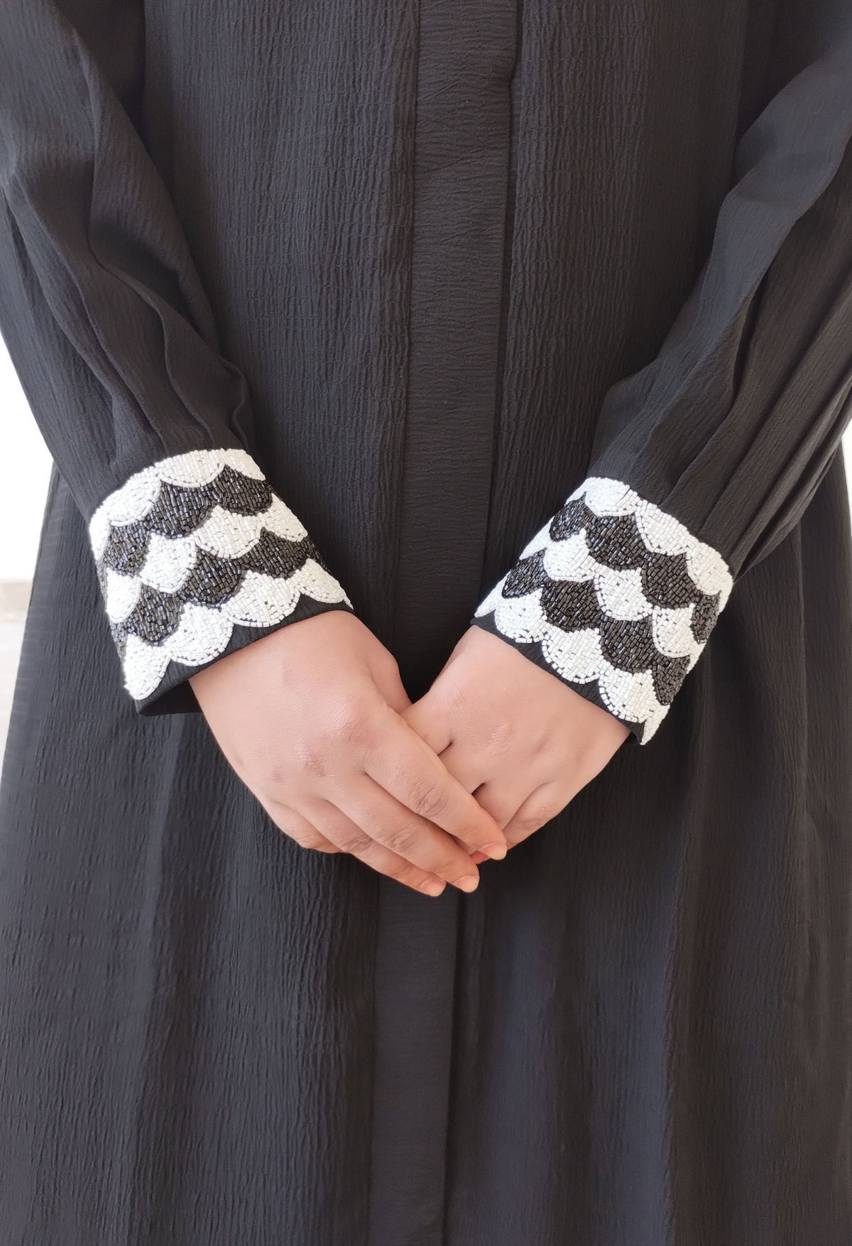 Black Front-Open Abaya with Handcrafted cuff sleeves