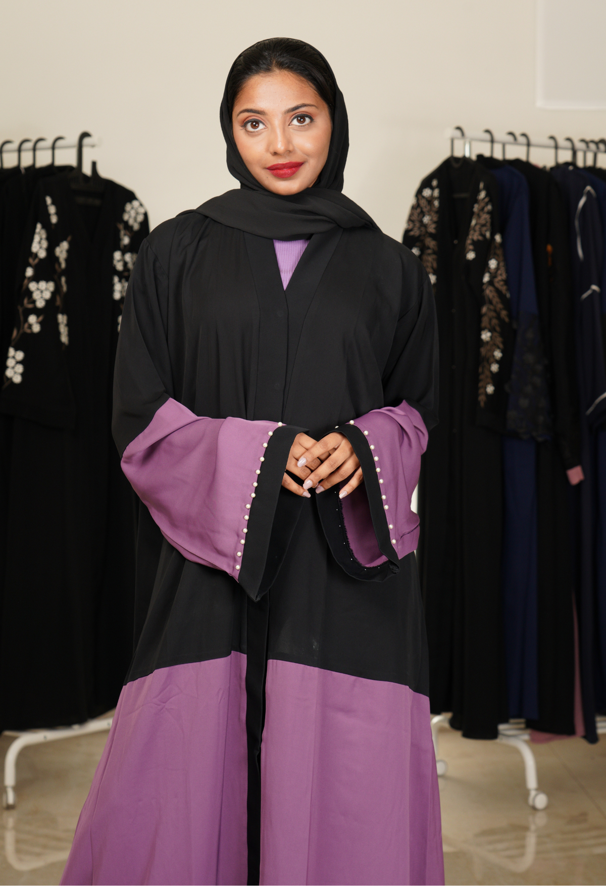 Two Tone front open Abaya with Pearls