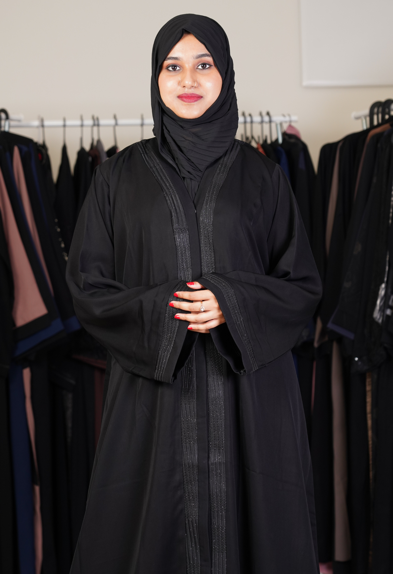 Black Front Open Abaya With Net Lace