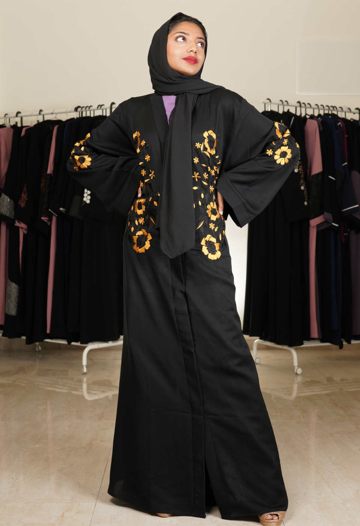 Black Front Open Abaya With Embroidery