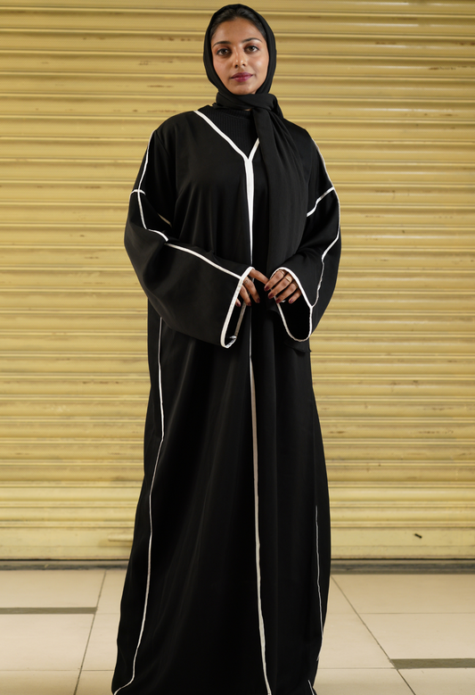 Black Front Open Abaya With White Piping