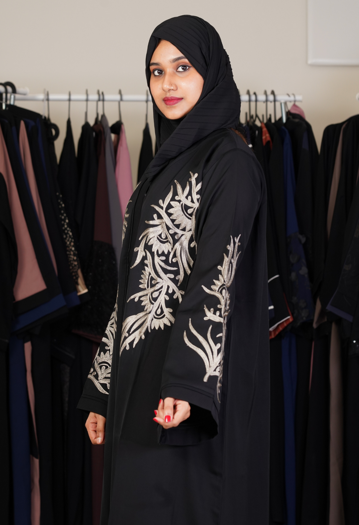 Black Front Open Abaya With Aari Design