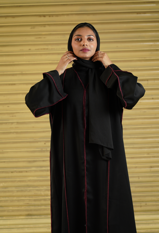 Black Front Open Abaya With Over Lock cuts