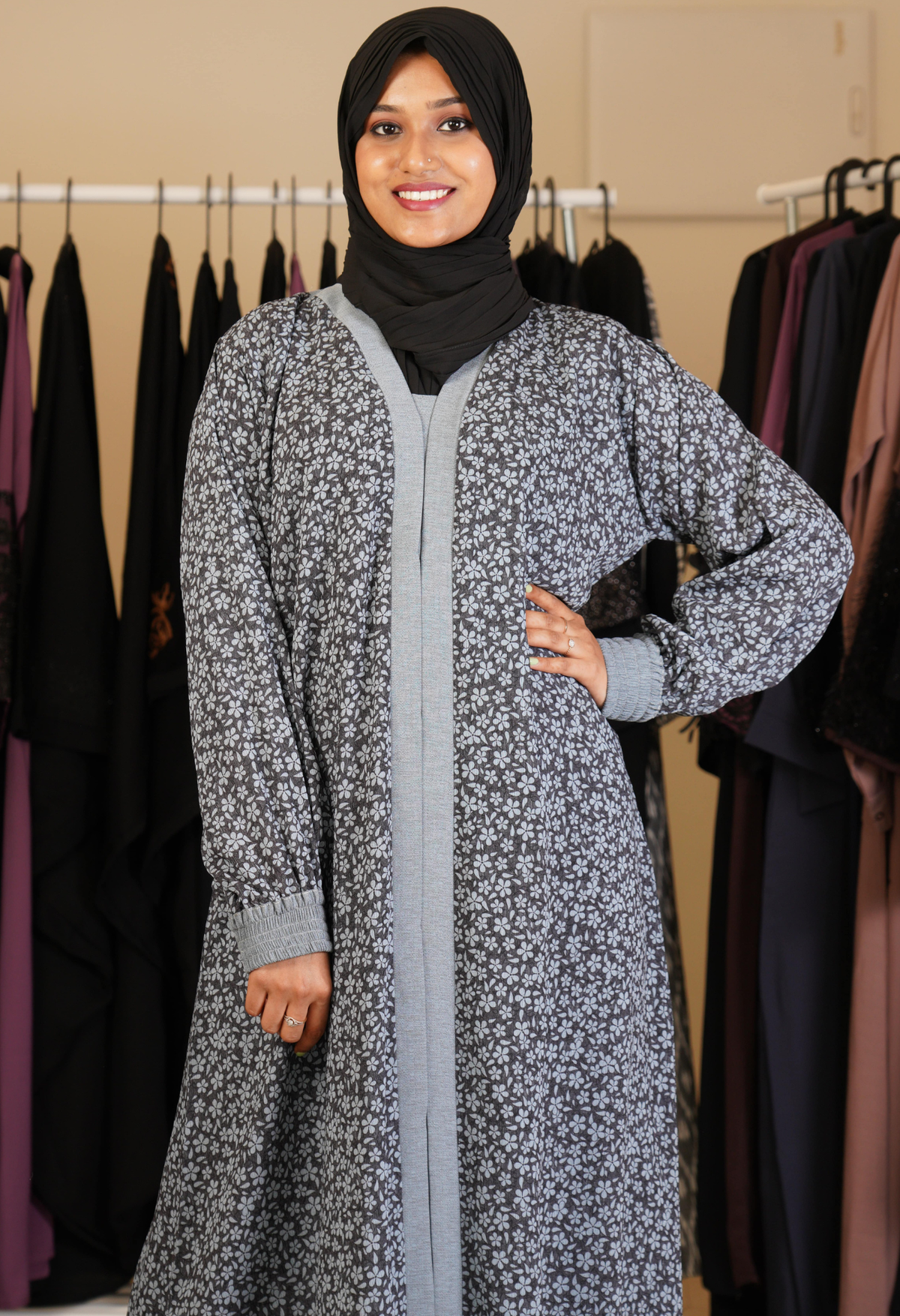 Floral Printed Front Open Abaya