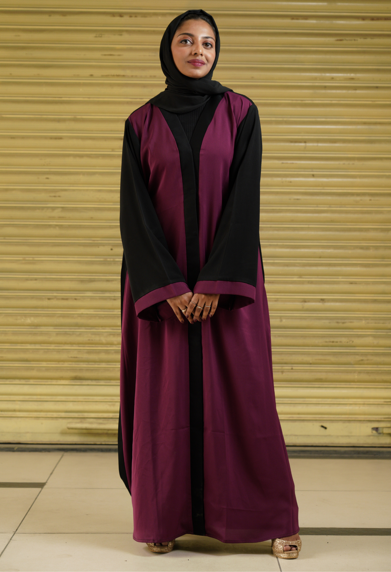 Dark magenta And Black Two Tone Front Open Abaya