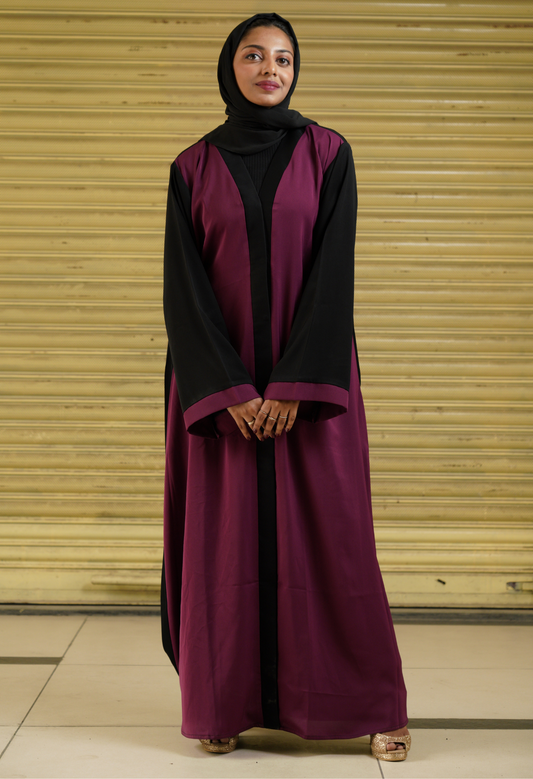 Dark magenta And Black Two Tone Front Open Abaya