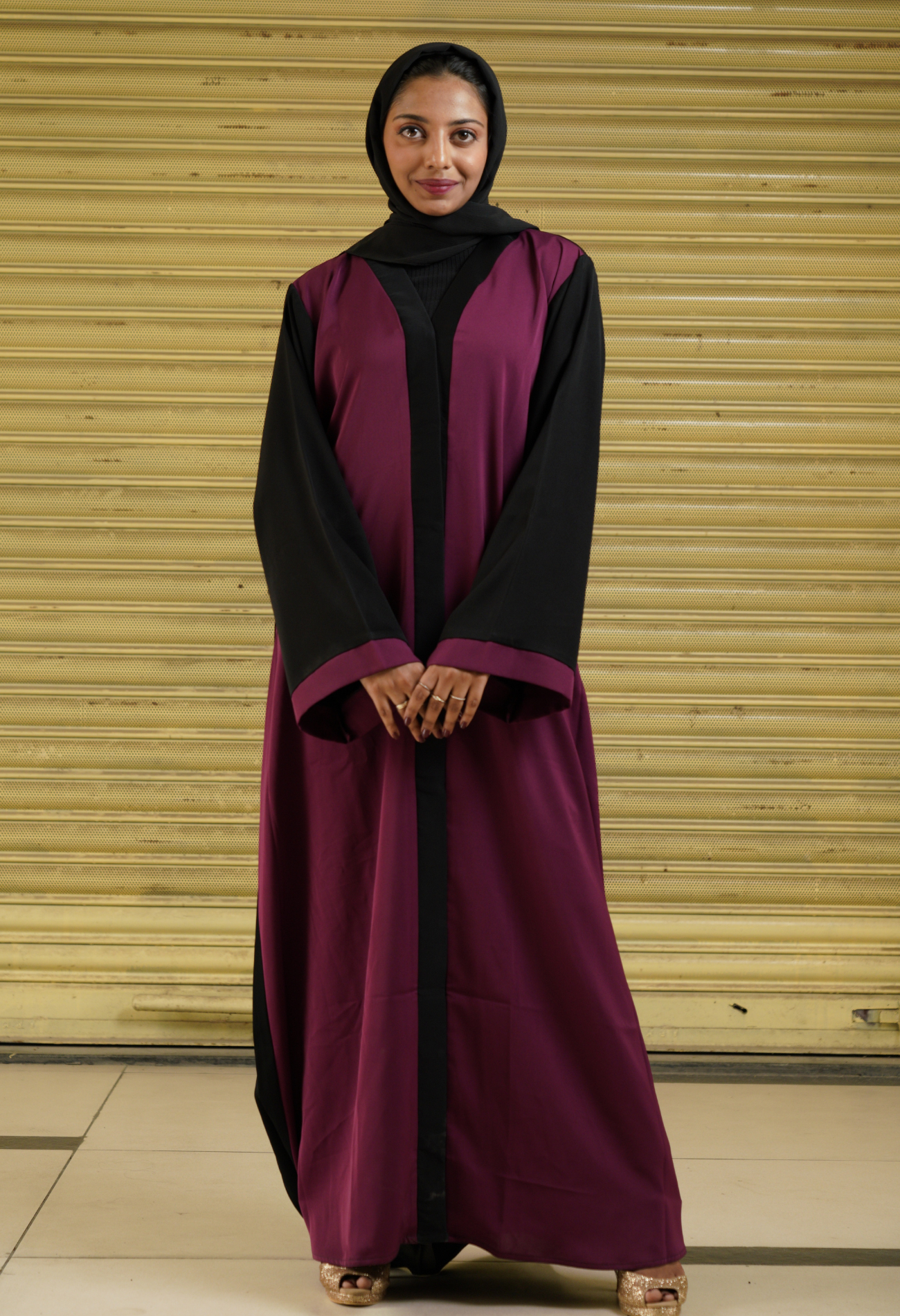 Dark magenta And Black Two Tone Front Open Abaya