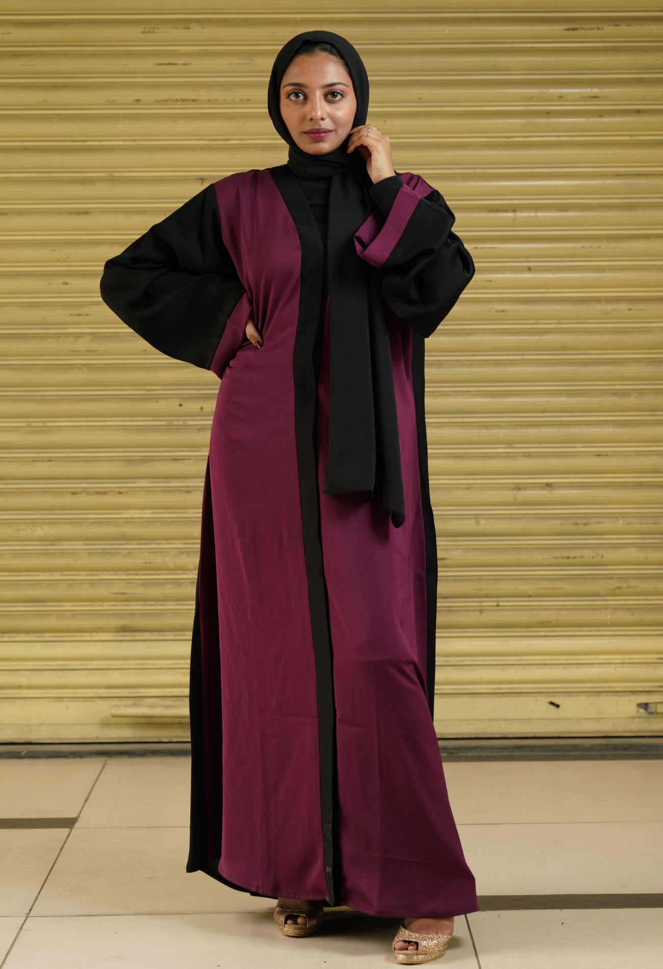Dark magenta And Black Two Tone Front Open Abaya