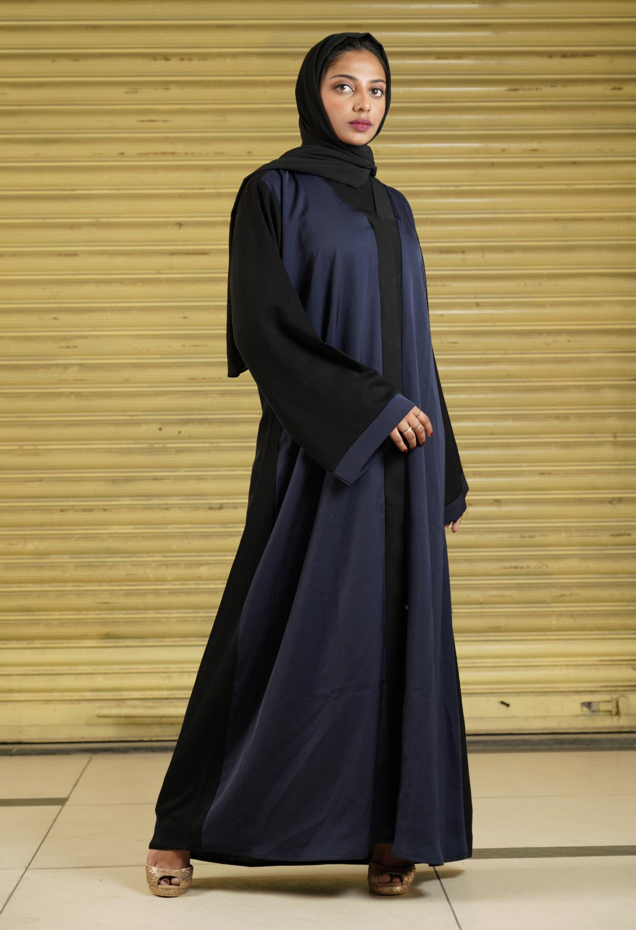 Two Tone Navy Blue And Black Front Open Abaya