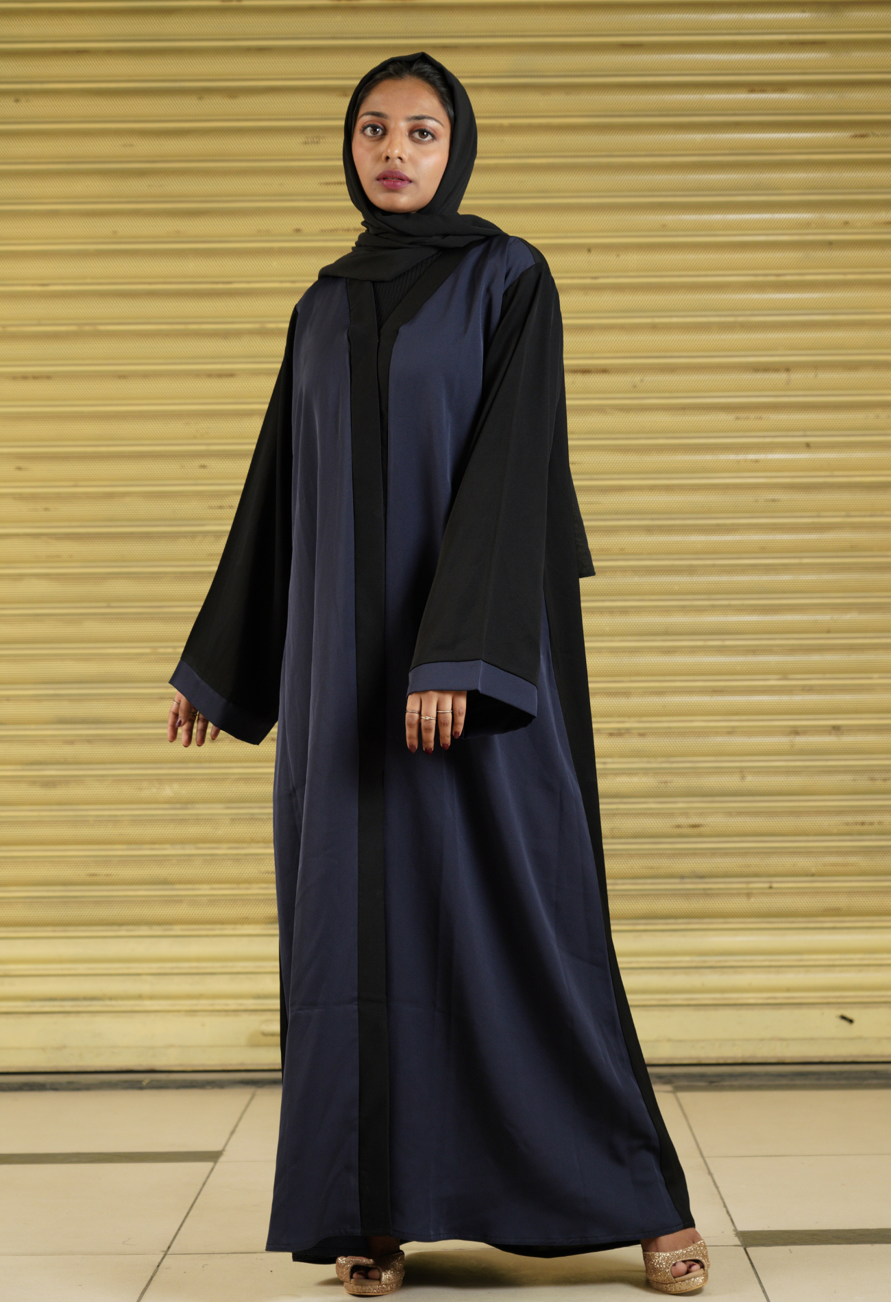Two Tone Navy Blue And Black Front Open Abaya