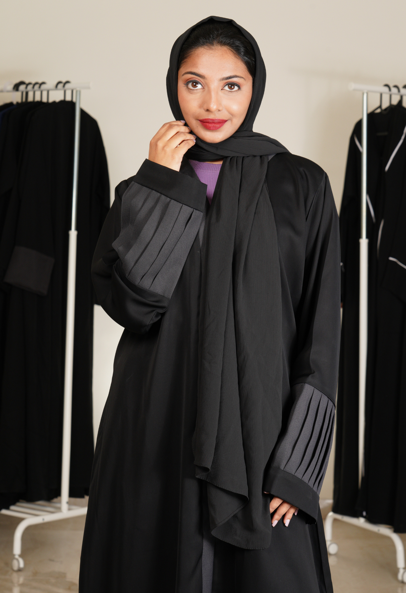 Black  front open Abaya With Grey Pleated Sleeves