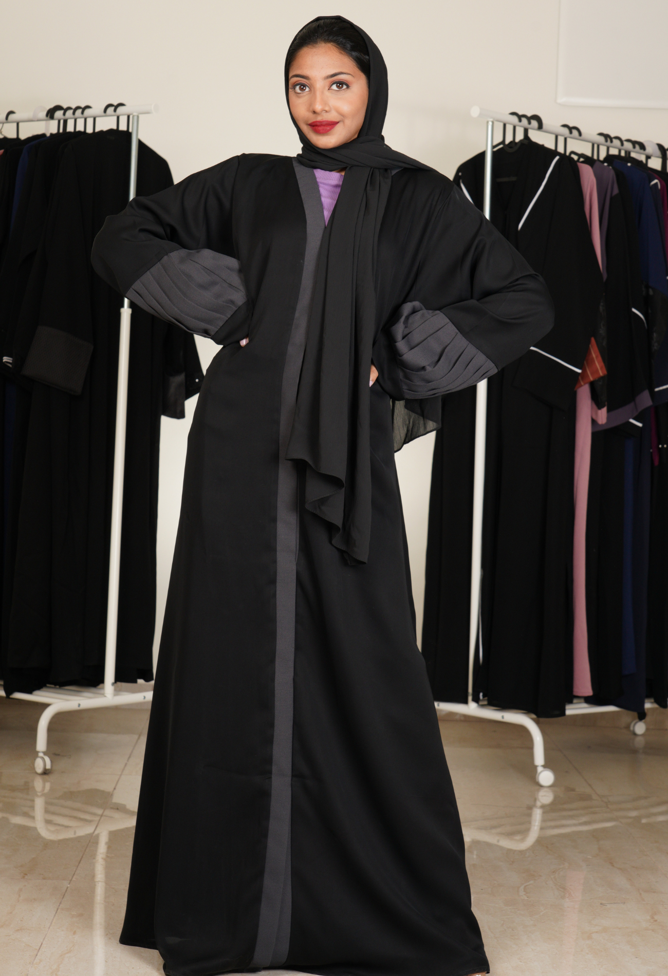Black  front open Abaya With Grey Pleated Sleeves