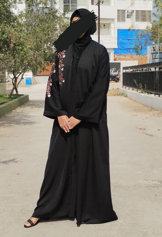 Black Front Open  One Sided Embroidery Abaya