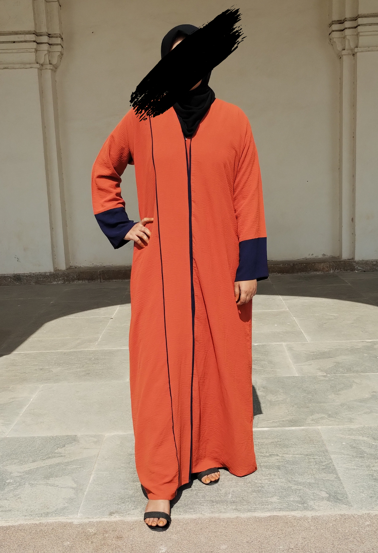 Burnt Orange Abaya with Ink Blue Piping