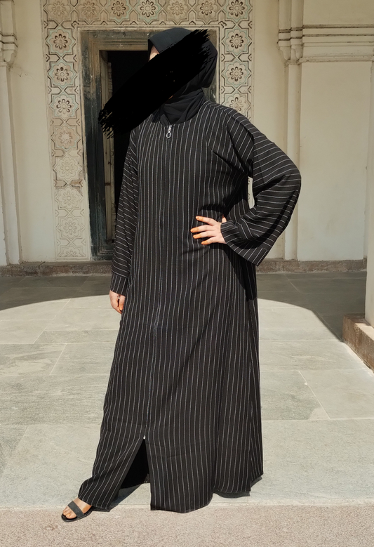Black Pinstripe front Open Abaya with Zipper