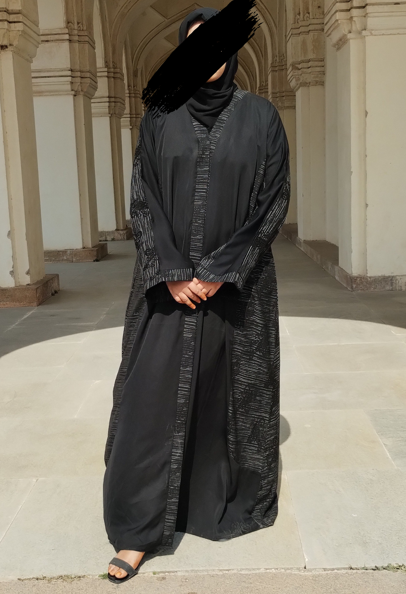 Two Tone Front Open Self Design Abaya