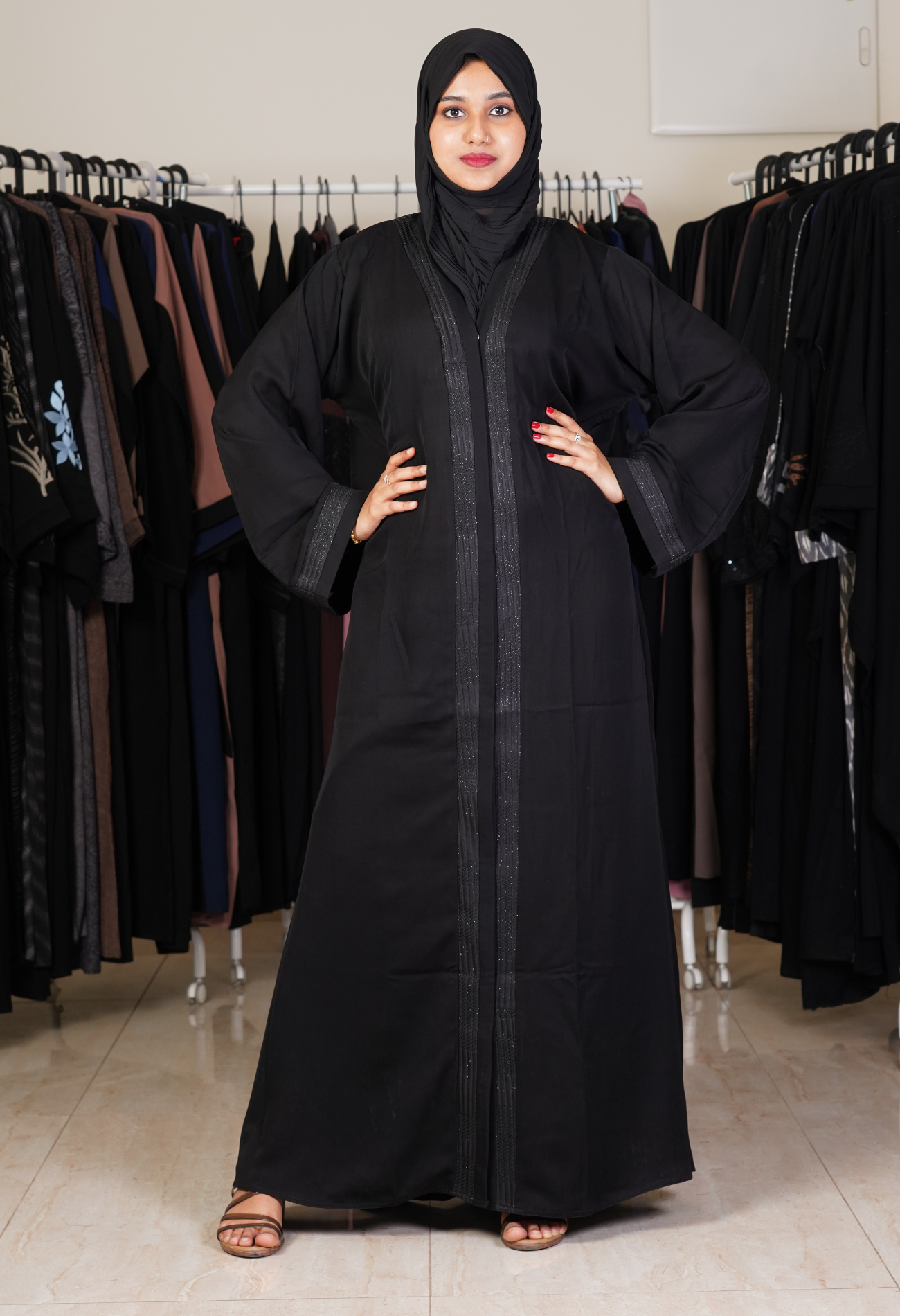 Black Front Open Abaya With Net Lace