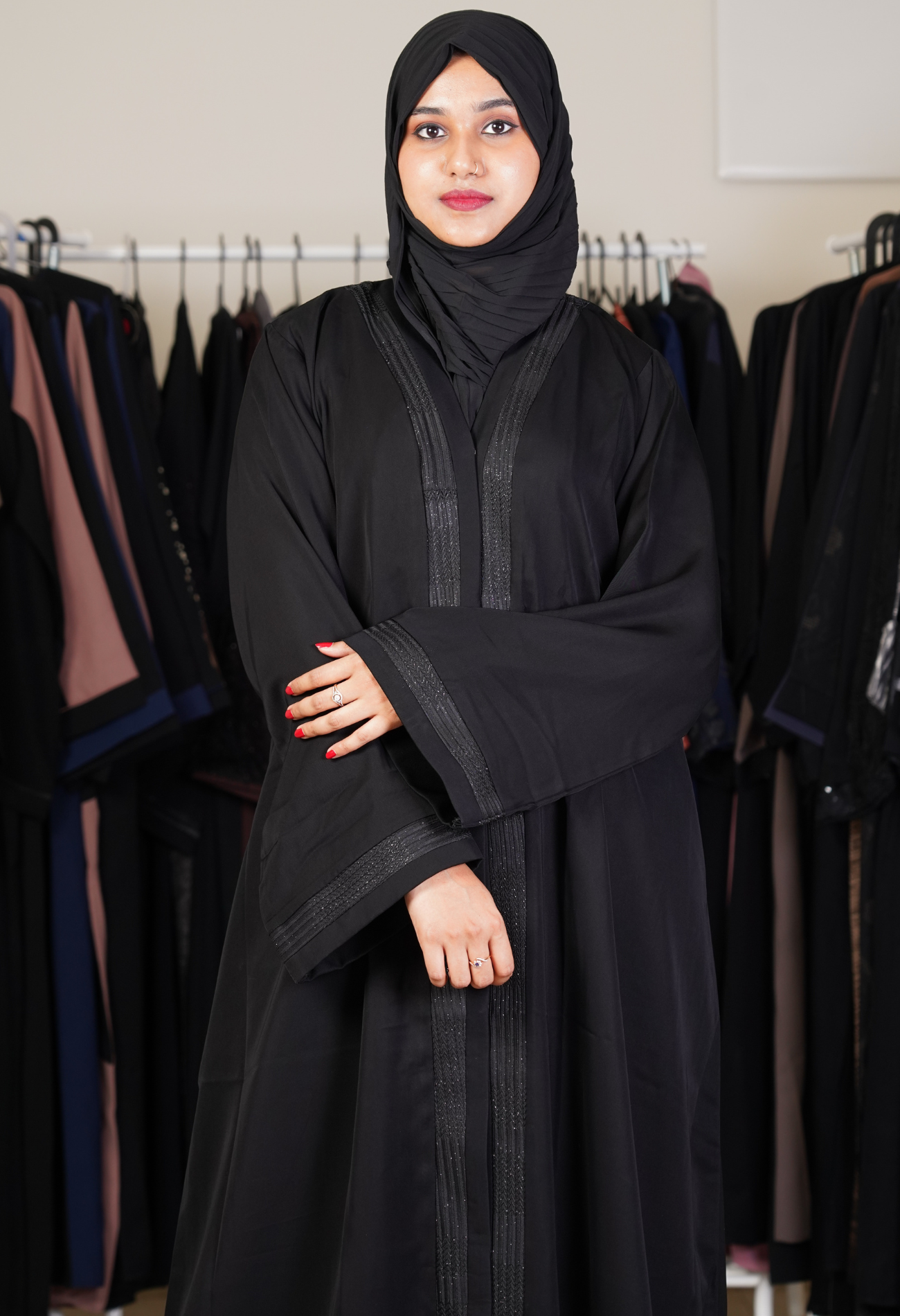 Black Front Open Abaya With Net Lace