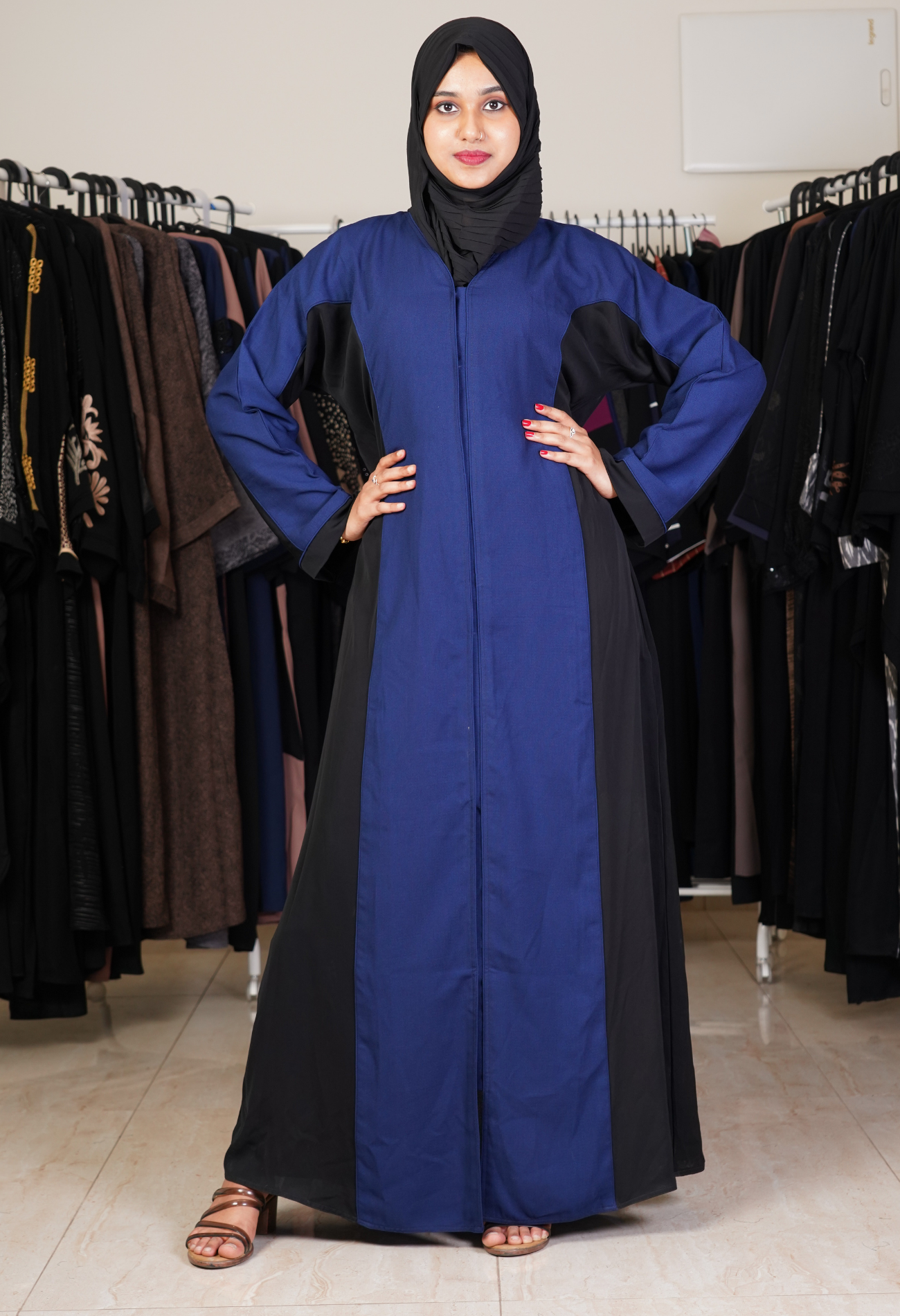 Sided Black And Ink Blue Two Tone Front Open Abaya