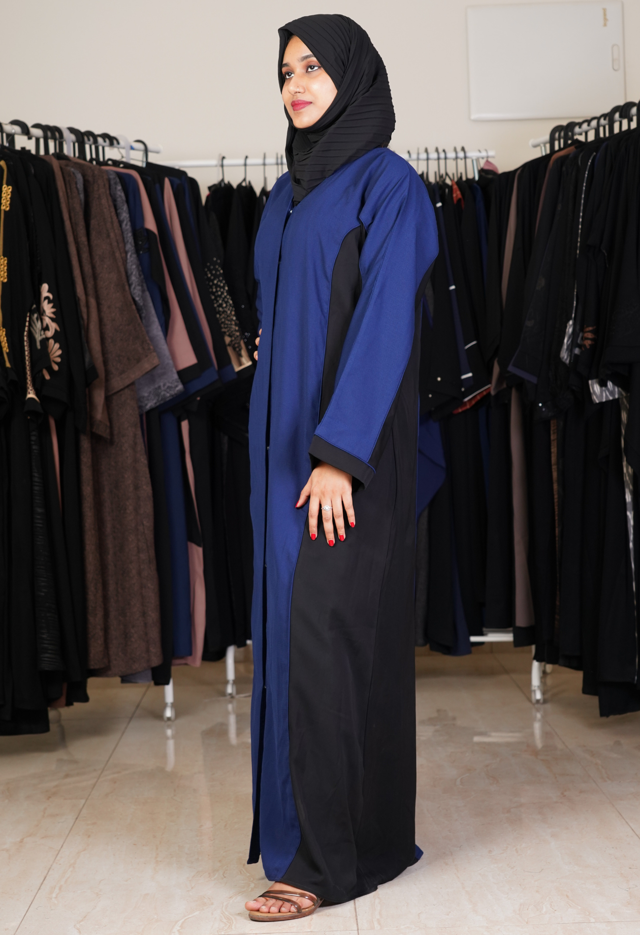 Sided Black And Ink Blue Two Tone Front Open Abaya