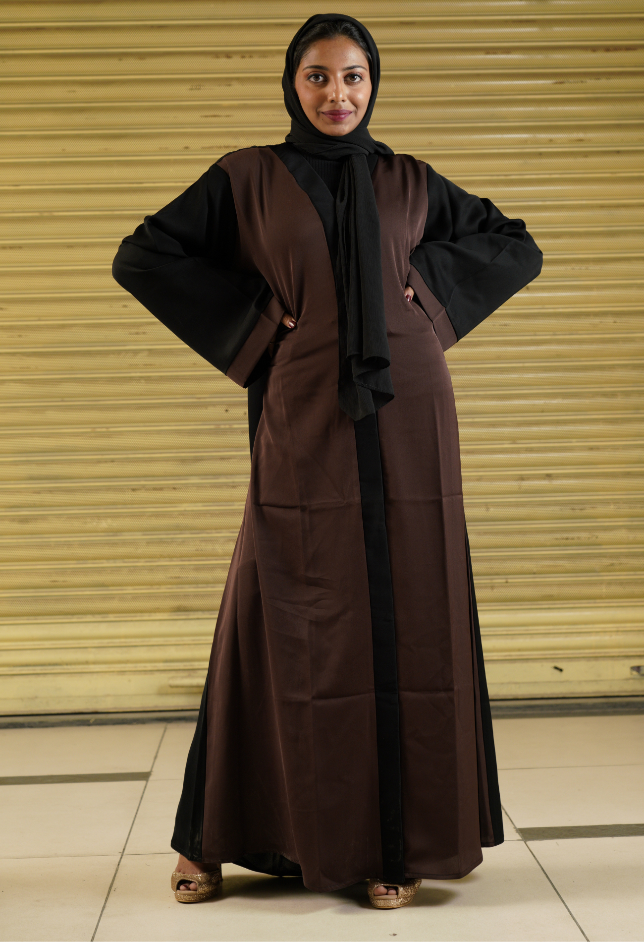 Two Tone Black And Brown Front Open Abaya