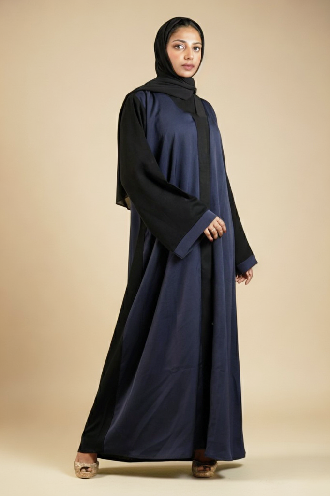 Two Tone Navy Blue And Black Front Open Abaya