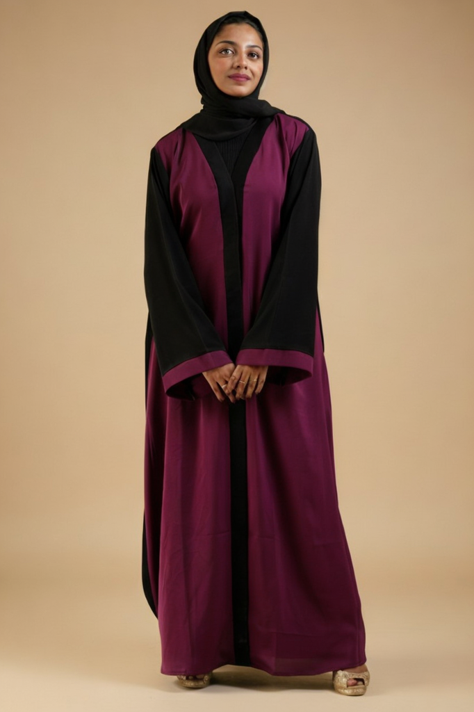 Dark magenta And Black Two Tone Front Open Abaya