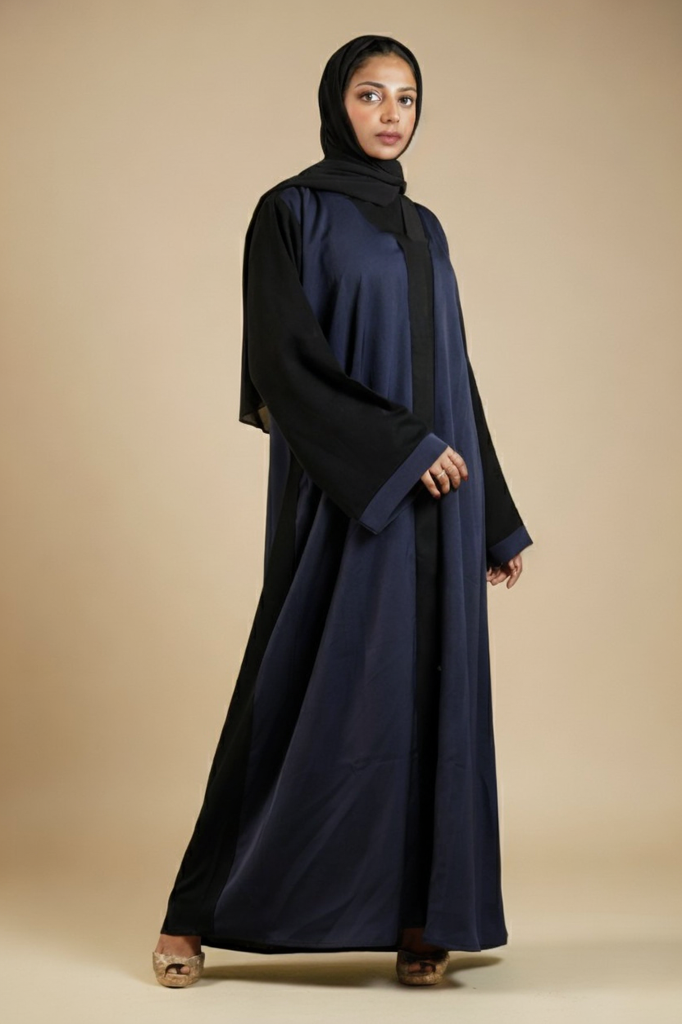 Two Tone Navy Blue And Black Front Open Abaya